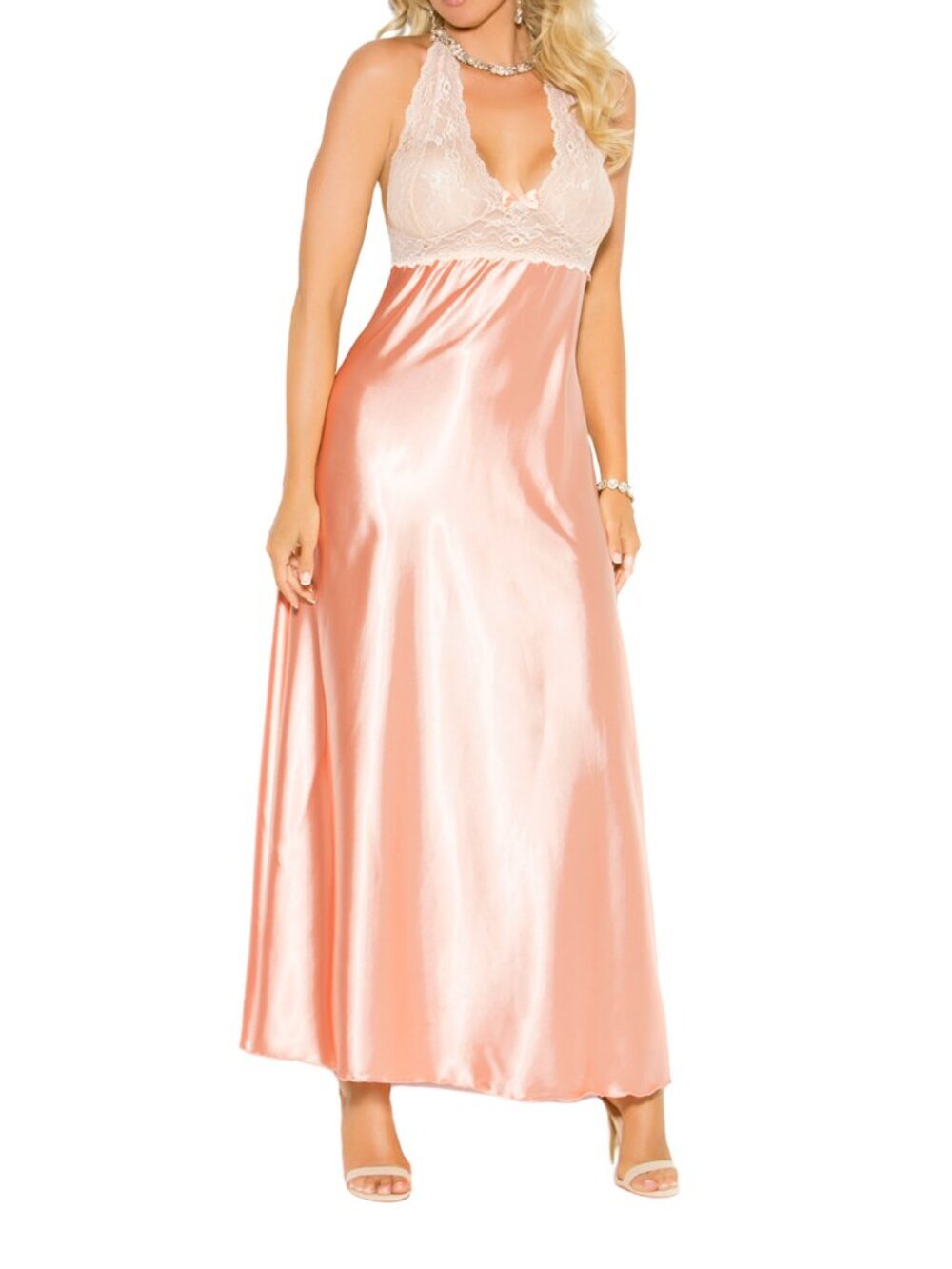 Peach Satin Lace Halter Long Open Back  Nightgown Lingerie Sleepwear Plus Size